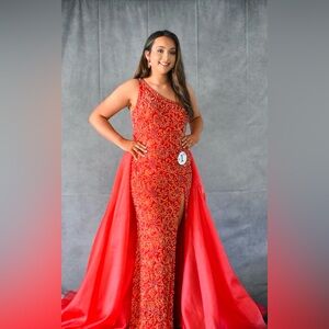 Ashley Lauren #11277 one shoulder size 12 pageant or prom dress with over skirt